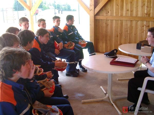 Bild 9 von 15 Nächste Übung: "Fragenbeantwortung"Der Schiedsrichter stellt in einem Zeitraum von 15 Minuten Fragen zur Feuerwehr aber auch über Allgemeinwissen an die gesamte Gruppe.